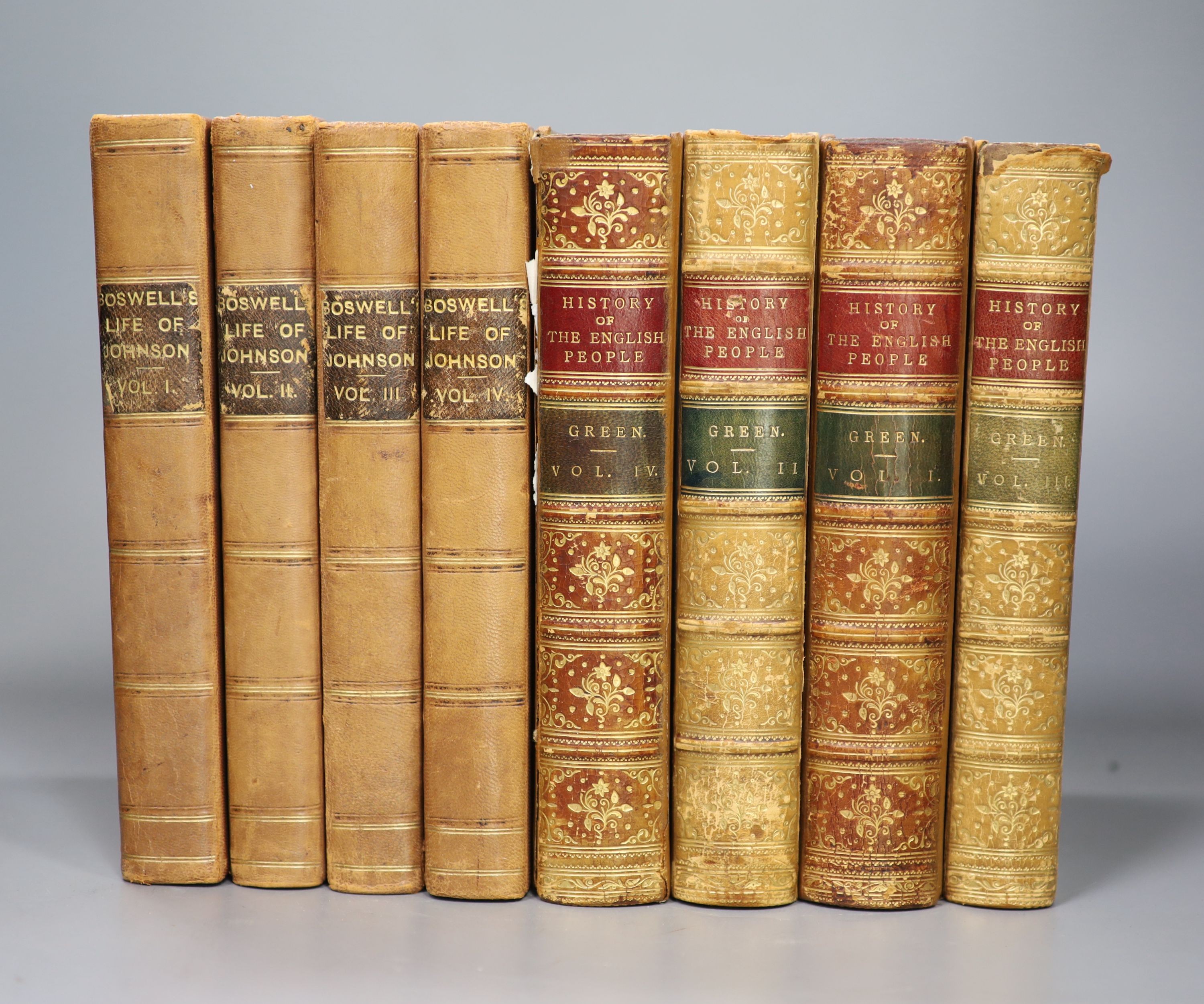 Boswell, James - The Life of Samuel Johnson, 9th edition, 4 vols, 8vo, later half calf, with portrait, front inner joint to vol 1 poorly repaired with sellotape, London, 1822 and Green, John Richard - History of the Engl